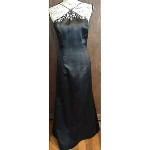 Vintage DJ Nights Laura Ryner Black Satin Maxi Dress Gown 5/6 S Beaded Sequins